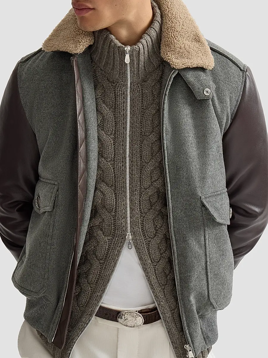 Brunello Cucinelli Men's Bonded Cashmere Beaver Cloth and Nappa Leather Bomber Jacket | Thumbnail 4 Brunello Cucinelli Men's Bonded Cashmere Beaver Cloth and Nappa Leather Bomber Jacket | Thumbnail 4