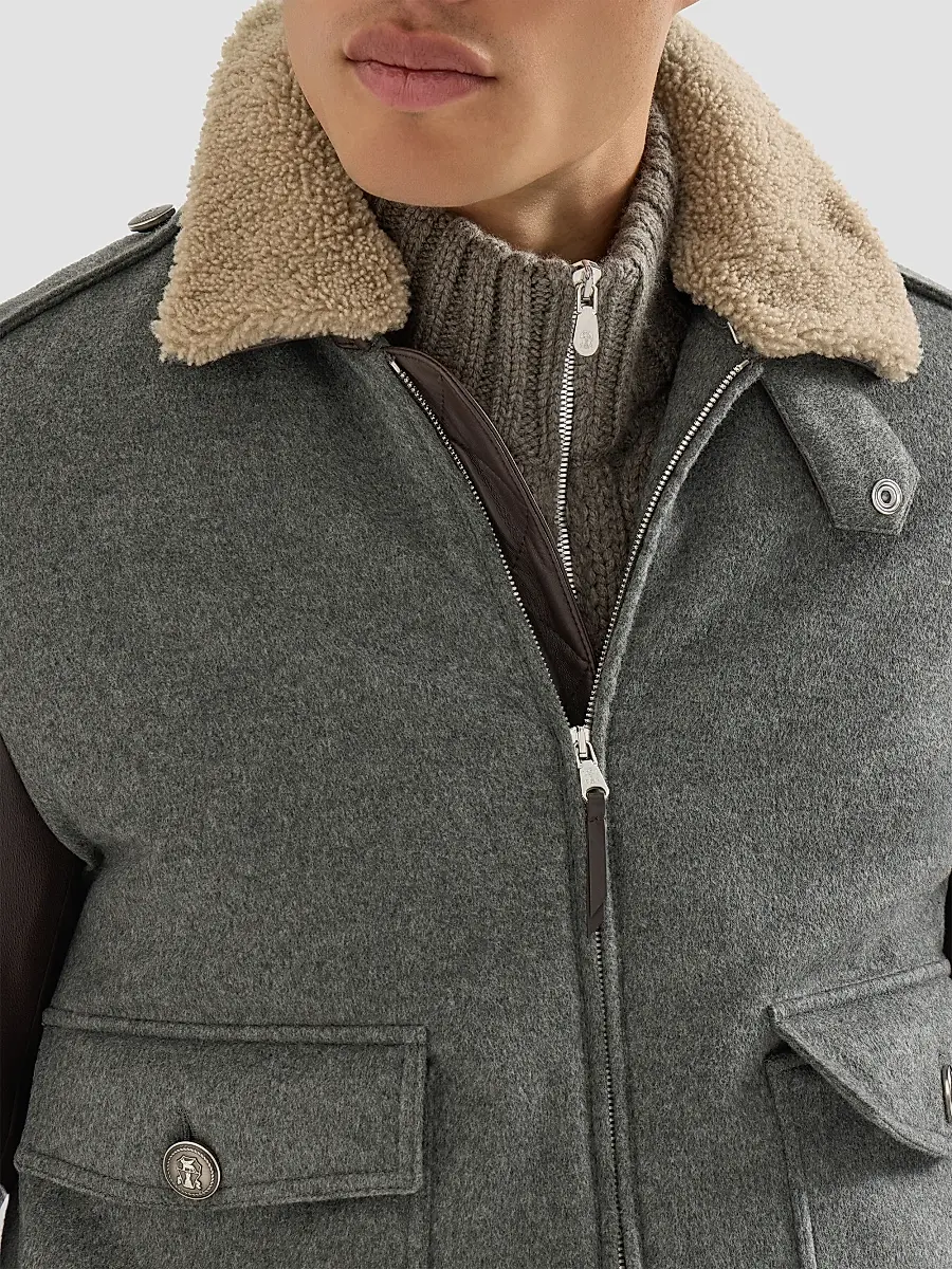 Brunello Cucinelli Men's Bonded Cashmere Beaver Cloth and Nappa Leather Bomber Jacket | Thumbnail 5 Brunello Cucinelli Men's Bonded Cashmere Beaver Cloth and Nappa Leather Bomber Jacket | Thumbnail 5