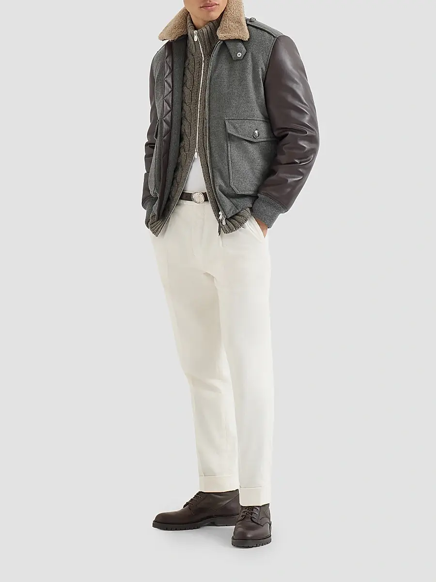 Brunello Cucinelli Men's Bonded Cashmere Beaver Cloth and Nappa Leather Bomber Jacket | Thumbnail 6 Brunello Cucinelli Men's Bonded Cashmere Beaver Cloth and Nappa Leather Bomber Jacket | Thumbnail 6