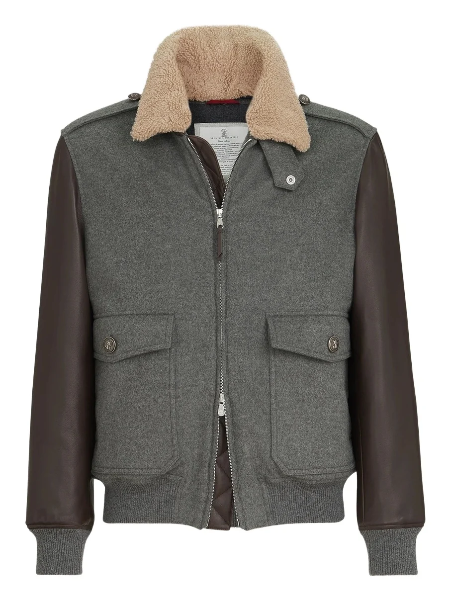 Brunello Cucinelli Men's Bonded Cashmere Beaver Cloth and Nappa Leather Bomber Jacket