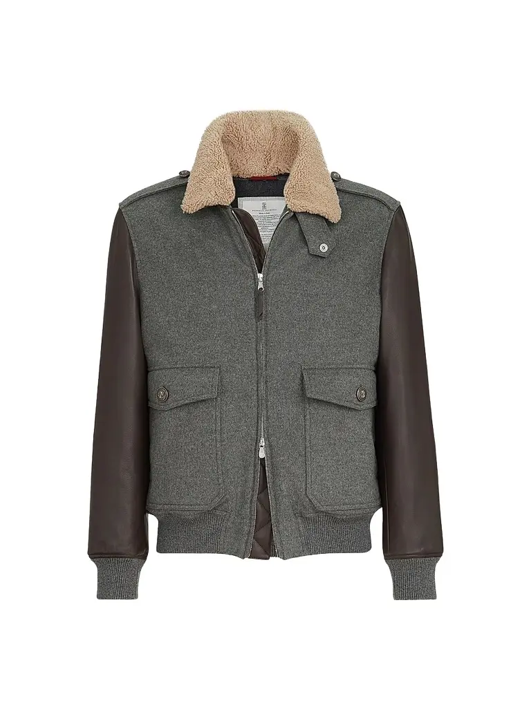 Brunello Cucinelli Men's Bonded Cashmere Beaver Cloth and Nappa Leather Bomber Jacket - Medium Grey - Size 44 | Image 1 Brunello Cucinelli Men's Bonded Cashmere Beaver Cloth and Nappa Leather Bomber Jacket - Medium Grey - Size 44 | Image 1