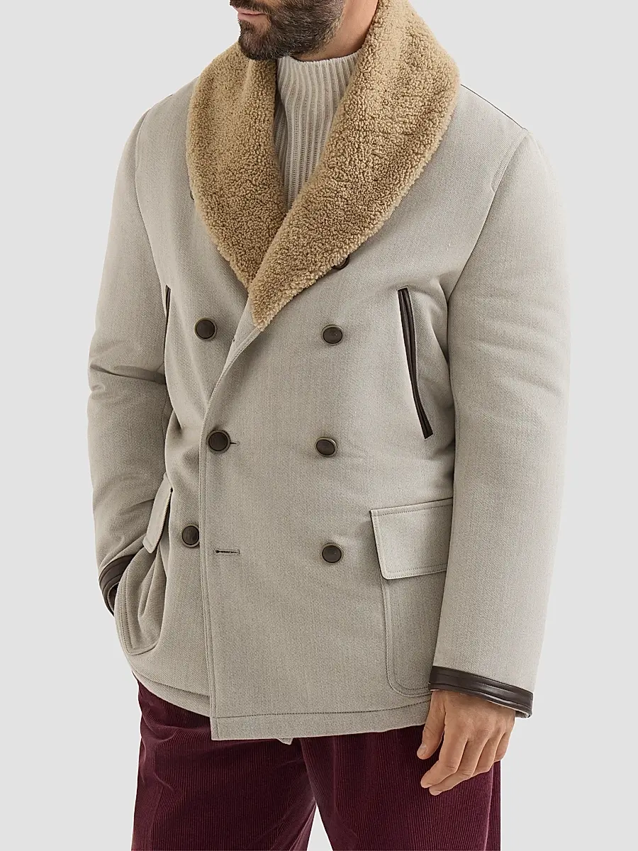 Brunello Cucinelli Men's Wool and Cashmere Cavalry Coat with Shearling Collar - Grey | Thumbnail 2 Brunello Cucinelli Men's Wool and Cashmere Cavalry Coat with Shearling Collar - Grey | Thumbnail 2