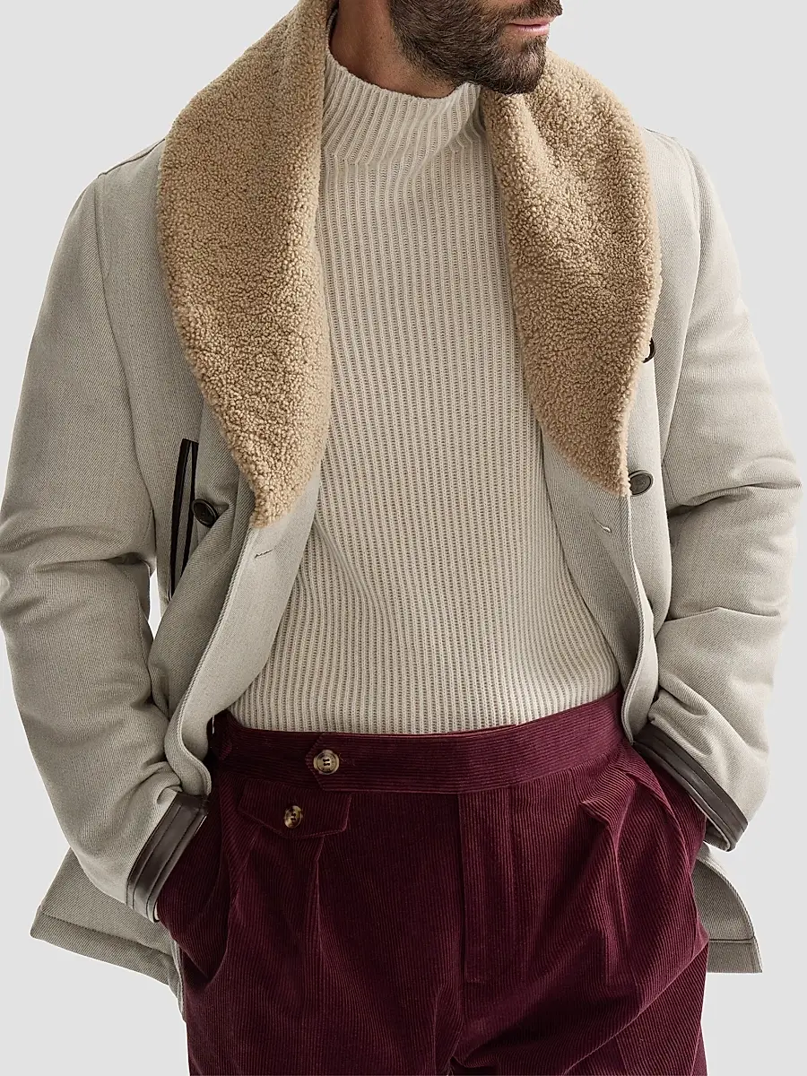 Brunello Cucinelli Men's Wool and Cashmere Cavalry Coat with Shearling Collar - Grey | Thumbnail 5 Brunello Cucinelli Men's Wool and Cashmere Cavalry Coat with Shearling Collar - Grey | Thumbnail 5