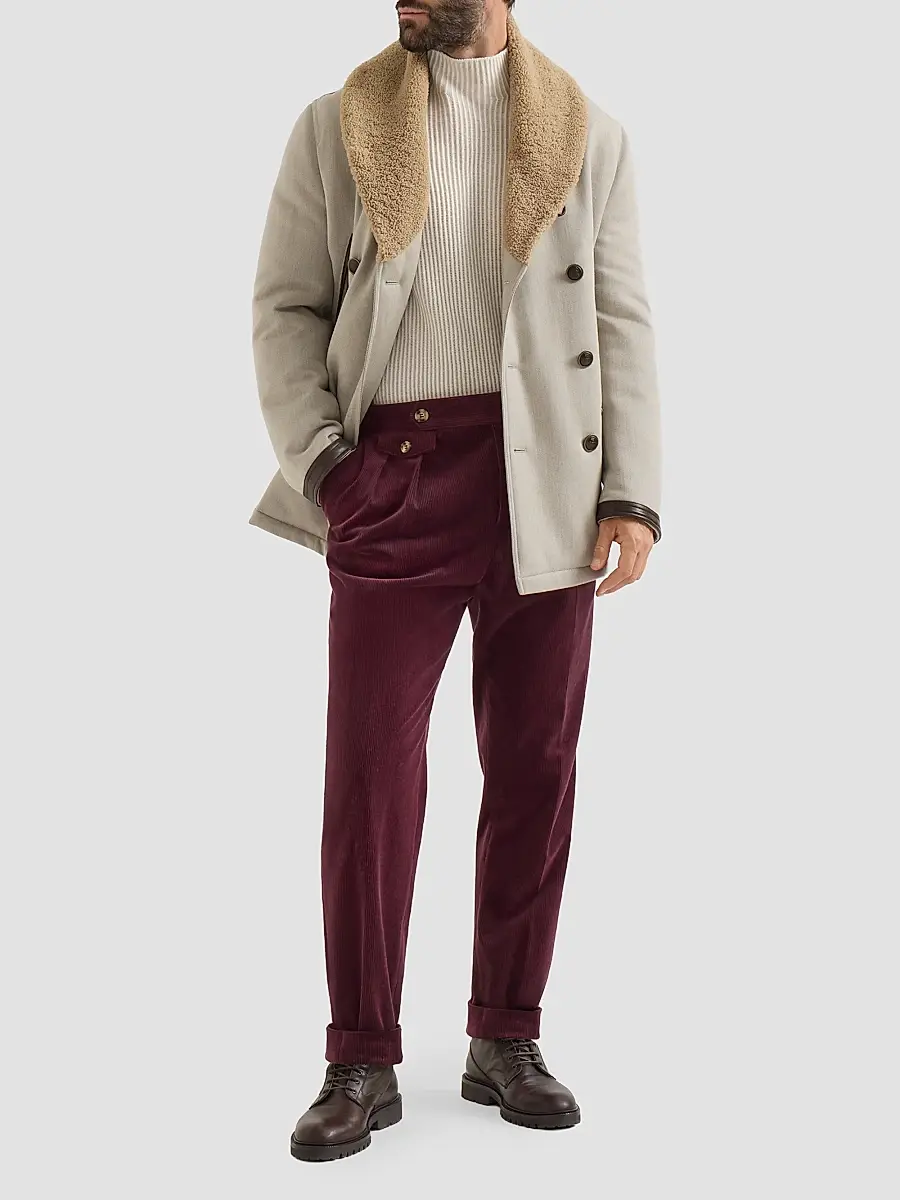 Brunello Cucinelli Men's Wool and Cashmere Cavalry Coat with Shearling Collar - Grey | Thumbnail 6 Brunello Cucinelli Men's Wool and Cashmere Cavalry Coat with Shearling Collar - Grey | Thumbnail 6