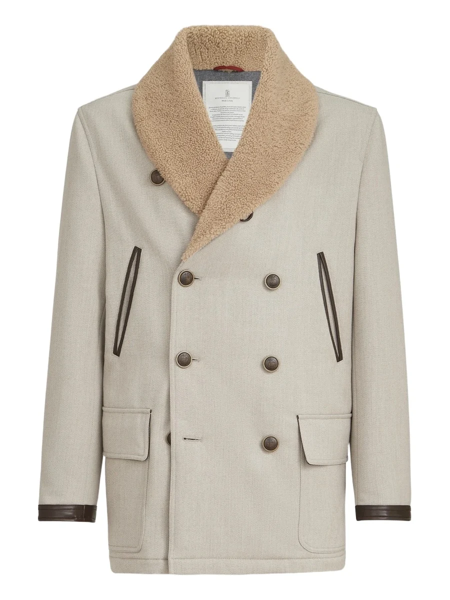 Men's Wool and Cashmere Cavalry Coat with Shearling Collar - Grey