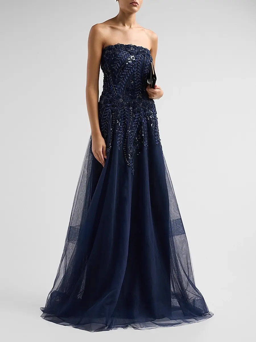 Teri Jon by Rickie Freeman Women's Floral-Embellished Tulle Strapless Gown | Thumbnail 4