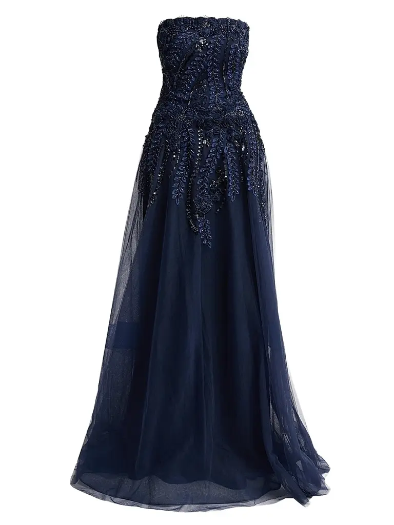 Teri Jon by Rickie Freeman Women's Floral-Embellished Tulle Strapless Gown - Navy - Size 16 | Image 1 Teri Jon by Rickie Freeman Women's Floral-Embellished Tulle Strapless Gown - Navy - Size 16 | Image 1