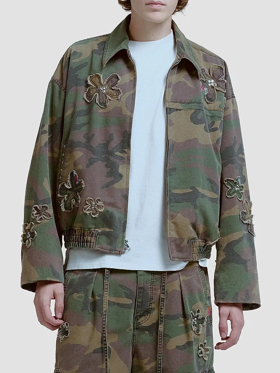 Nahmias Men's Floral Patch Crystal Camo Bomber Jacket | Thumbnail 3 Nahmias Men's Floral Patch Crystal Camo Bomber Jacket | Thumbnail 3