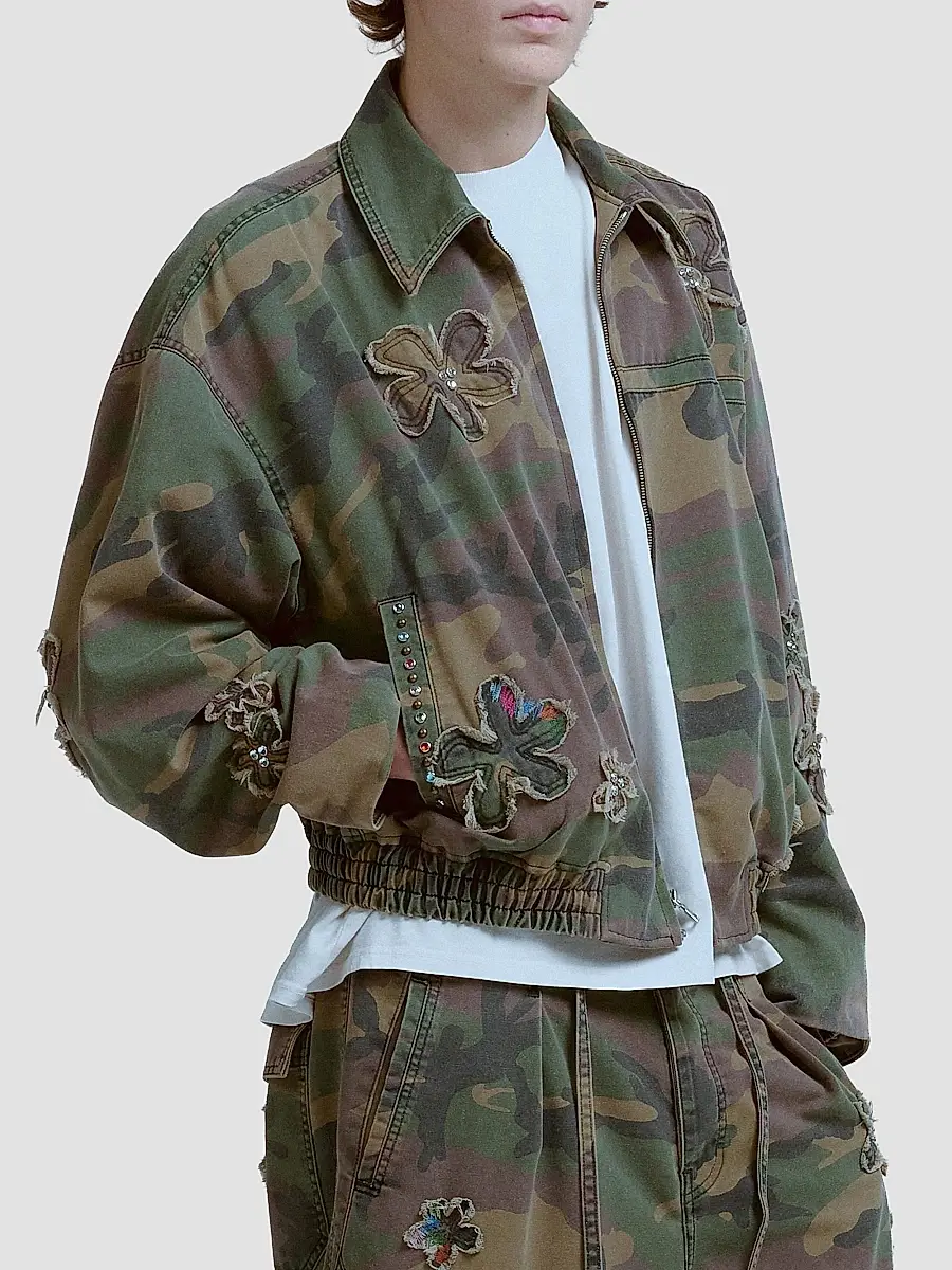Nahmias Men's Floral Patch Crystal Camo Bomber Jacket | Thumbnail 4 Nahmias Men's Floral Patch Crystal Camo Bomber Jacket | Thumbnail 4