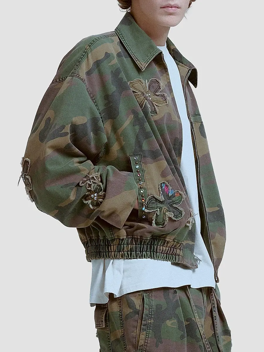 Nahmias Men's Floral Patch Crystal Camo Bomber Jacket | Thumbnail 5 Nahmias Men's Floral Patch Crystal Camo Bomber Jacket | Thumbnail 5