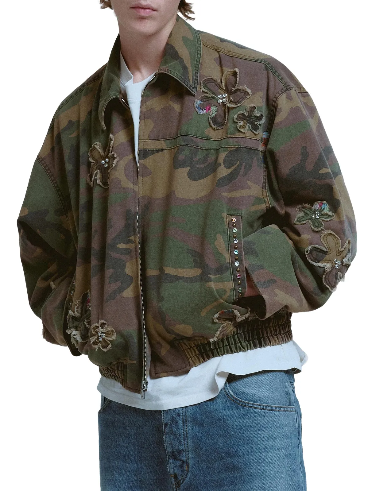 Men's Floral Patch Crystal Camo Bomber Jacket