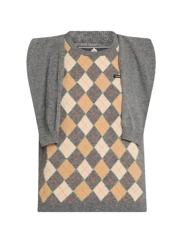 Argyle Knitted Draped-Sleeve Sweater Vest
