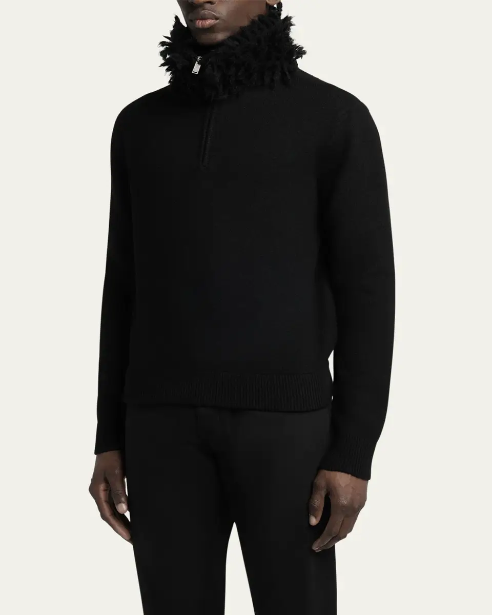 Alexander McQueen Men's Wool Fringe-Collar Quarter-Zip Sweater | Thumbnail 4 Alexander McQueen Men's Wool Fringe-Collar Quarter-Zip Sweater | Thumbnail 4