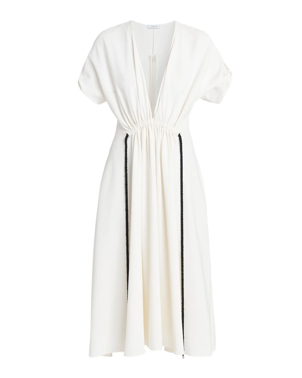 Ferragamo Plunging Gathered Short-Sleeve Midi Dress