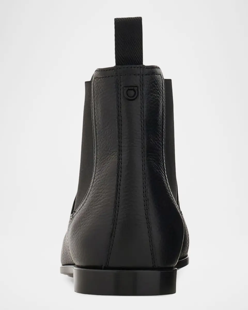 Ferragamo Men's Grained Leather Micro-Gancio Chelsea Boots | Thumbnail 4