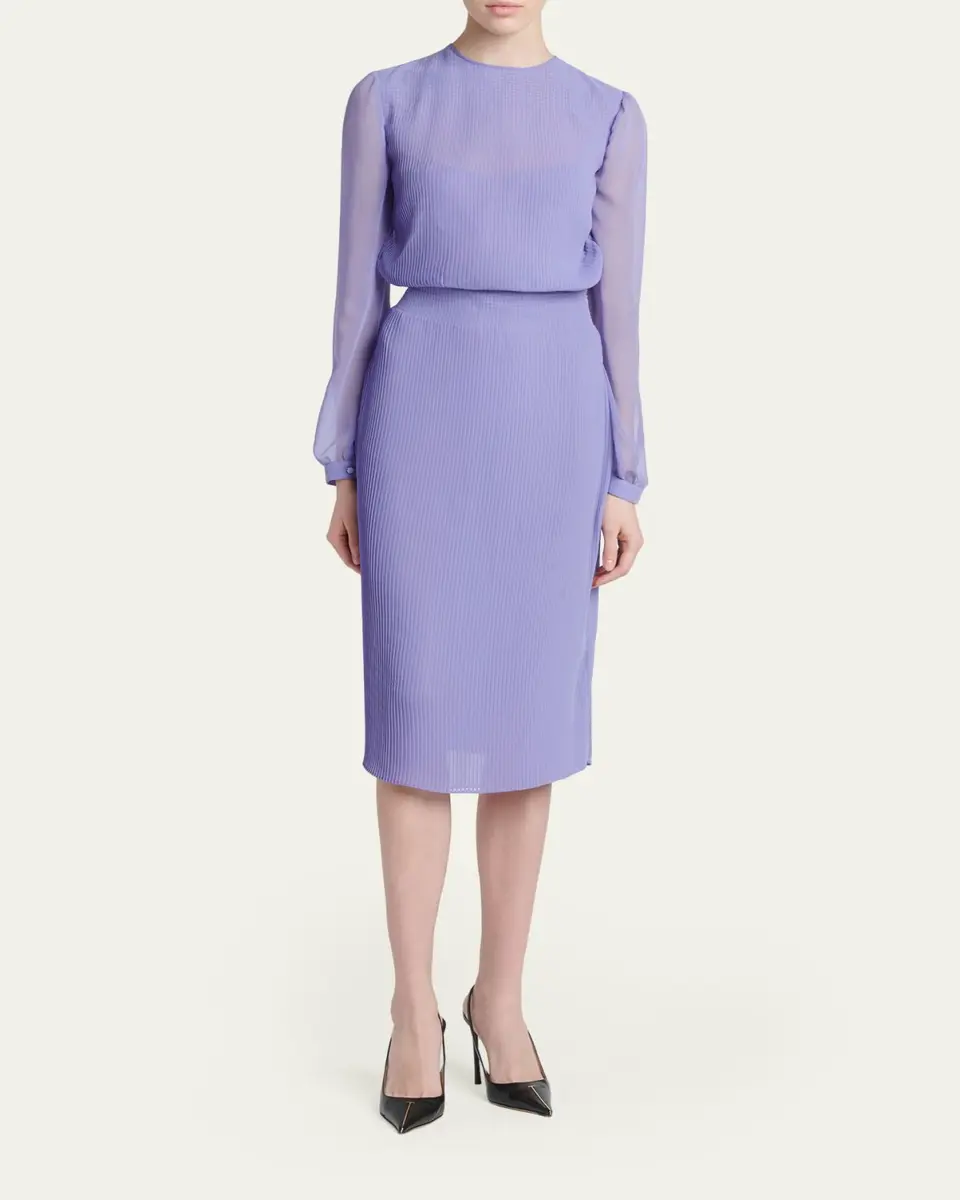 Tom Ford Pervinca Plisse Chiffon Long-Sleeve Midi Dress | Thumbnail 2 Tom Ford Pervinca Plisse Chiffon Long-Sleeve Midi Dress | Thumbnail 2