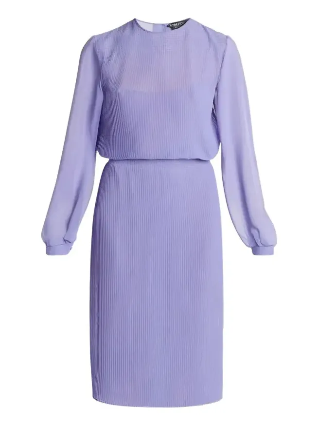 Tom Ford Pervinca Plisse Chiffon Long-Sleeve Midi Dress