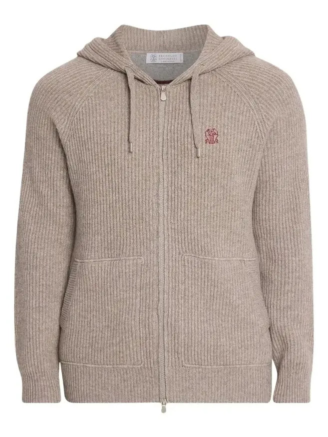Brunello Cucinelli Men's Cashmere Rib Full-Zip Hoodie