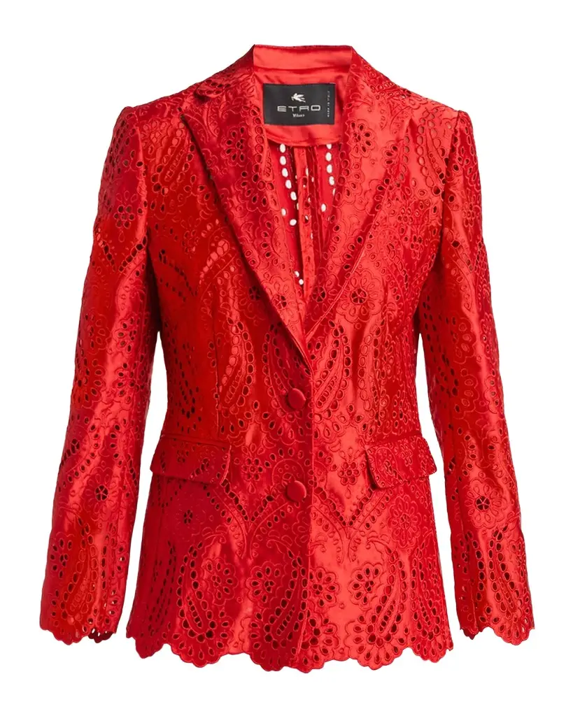 Etro Paisley Eyelet Embroidered Satin Single-Breasted Jacket | Image 1 Etro Paisley Eyelet Embroidered Satin Single-Breasted Jacket | Image 1