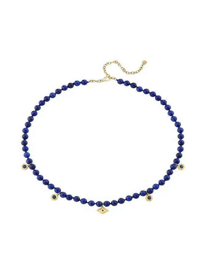 14K Yellow Gold, Lapis Lazuli & 0.75 TCW Blue Sapphire Evil Eye Beaded Necklace 14K Yellow Gold, Lapis Lazuli & 0.75 TCW Blue Sapphire Evil Eye Beaded Necklace