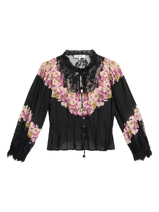 Persephone Print Cotton & Lace Long-Sleeve Blouse Persephone Print Cotton & Lace Long-Sleeve Blouse