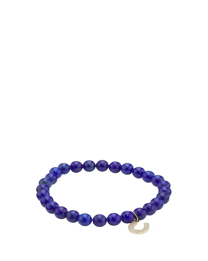 Sydney Evan 14K Yellow Gold, Lapis Lazuli & 0.08 TCW Diamond Horseshoe Beaded Stretch Bracelet