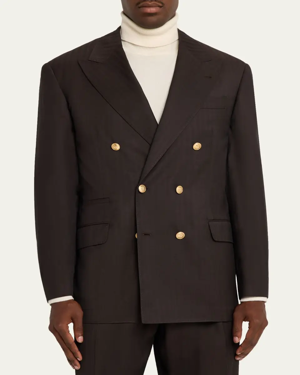 Brunello Cucinelli Men's Wool and Cashmere Chevron Double-Breasted Suit | Thumbnail 4