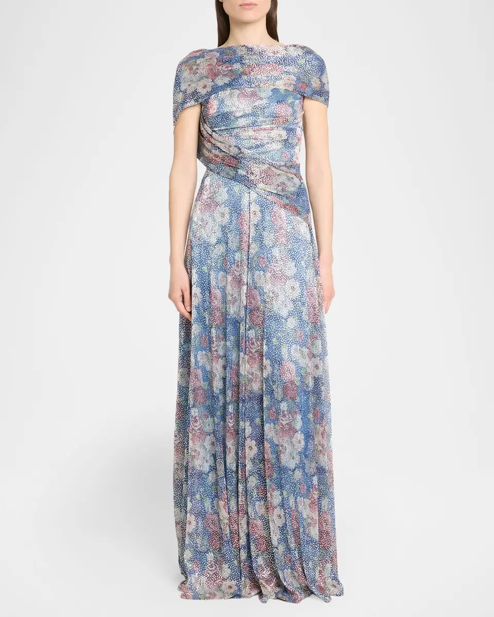 Talbot Runhof Metallic Floral Voile Draped Cap-Sleeve Evening Gown | Thumbnail 2 Talbot Runhof Metallic Floral Voile Draped Cap-Sleeve Evening Gown | Thumbnail 2