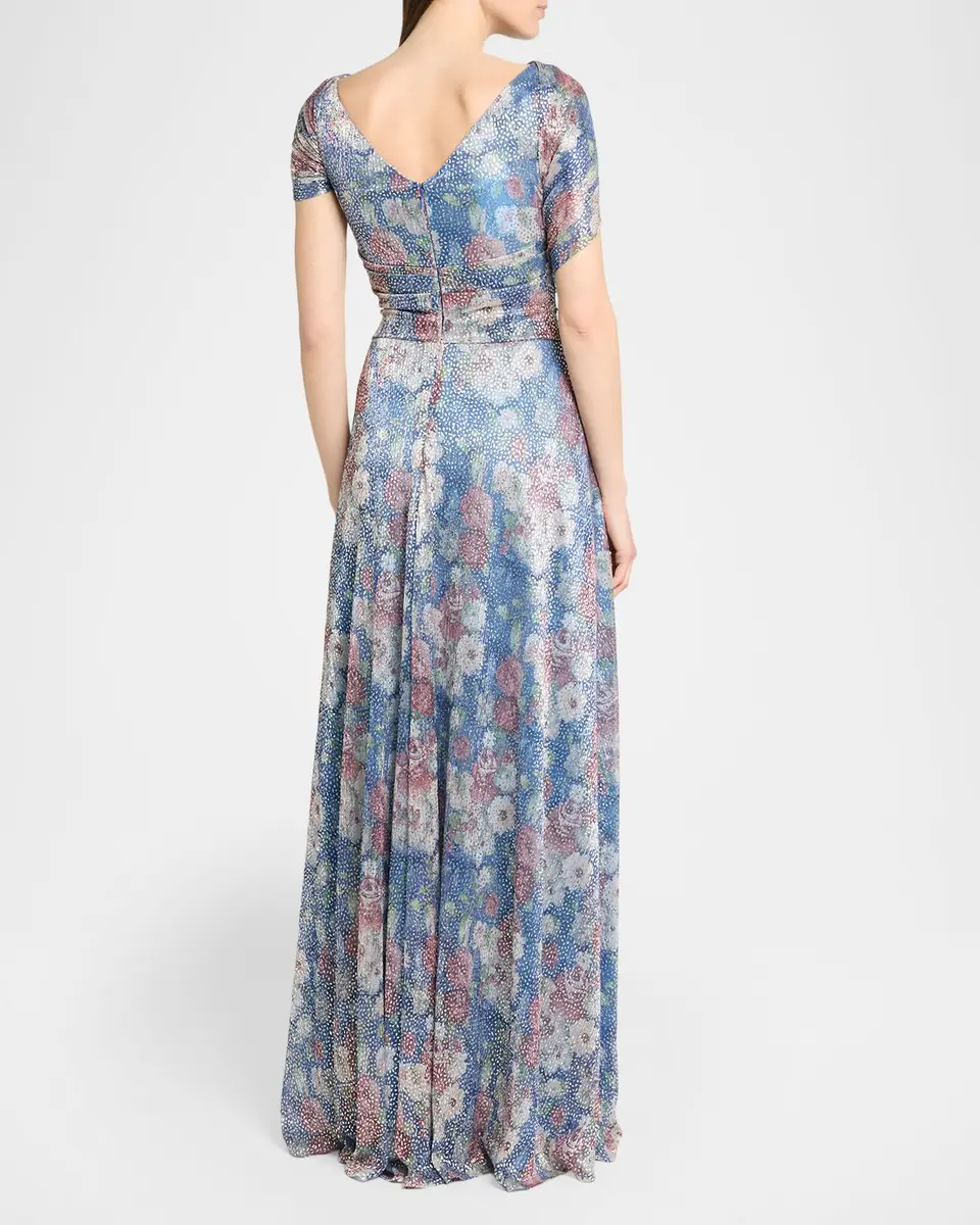 Talbot Runhof Metallic Floral Voile Draped Cap-Sleeve Evening Gown | Thumbnail 3 Talbot Runhof Metallic Floral Voile Draped Cap-Sleeve Evening Gown | Thumbnail 3