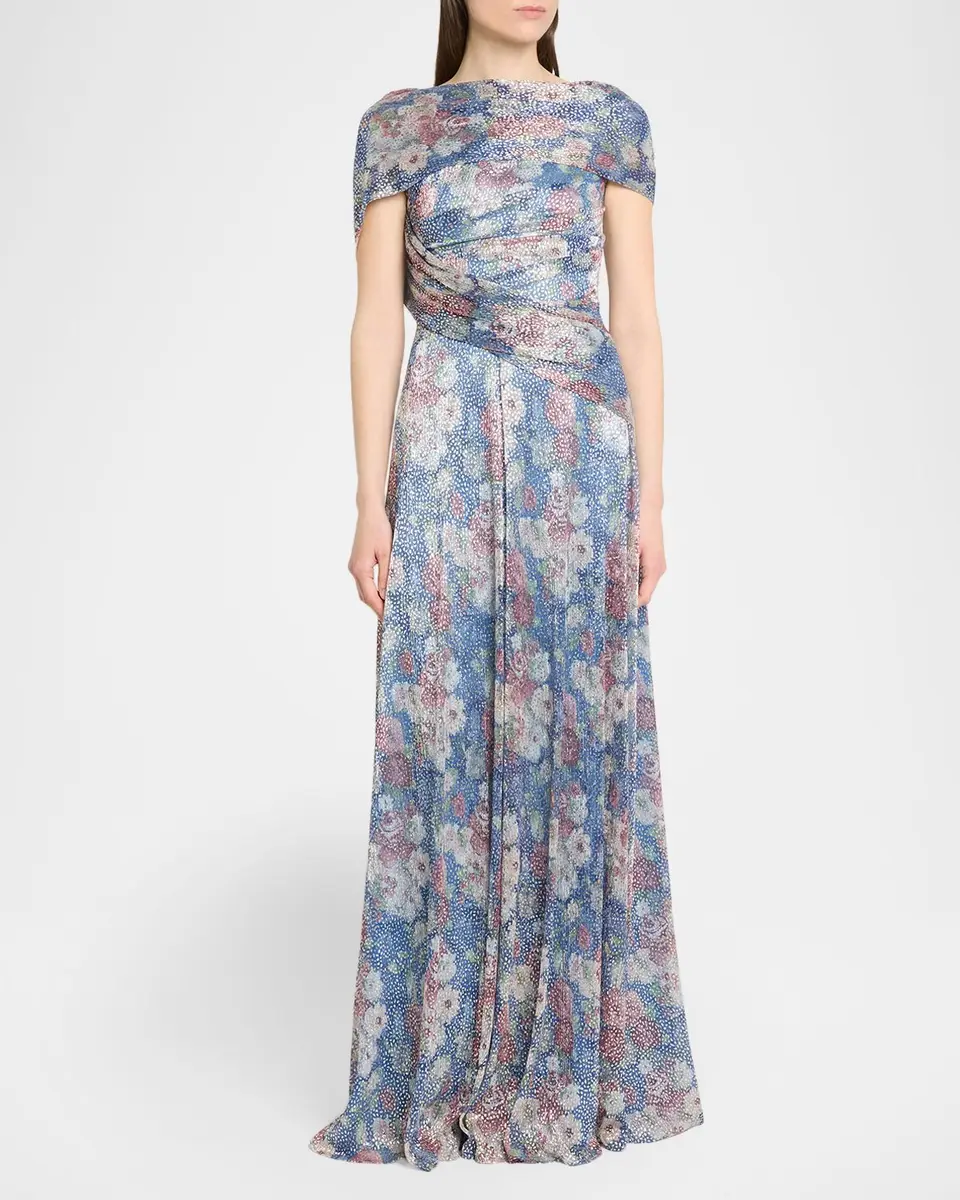 Talbot Runhof Metallic Floral Voile Draped Cap-Sleeve Evening Gown | Thumbnail 4 Talbot Runhof Metallic Floral Voile Draped Cap-Sleeve Evening Gown | Thumbnail 4