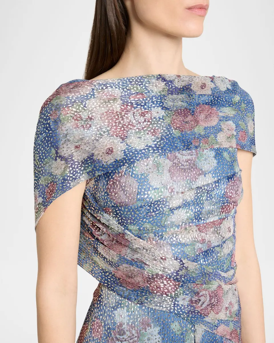 Talbot Runhof Metallic Floral Voile Draped Cap-Sleeve Evening Gown | Thumbnail 5 Talbot Runhof Metallic Floral Voile Draped Cap-Sleeve Evening Gown | Thumbnail 5
