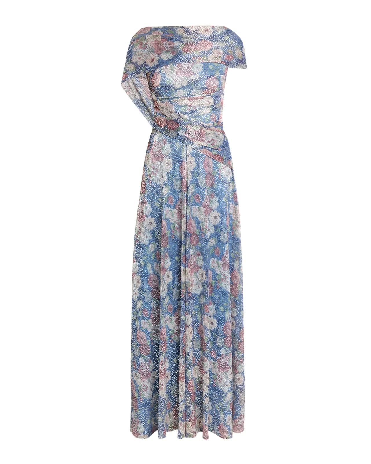 Metallic Floral Voile Draped Cap-Sleeve Evening Gown