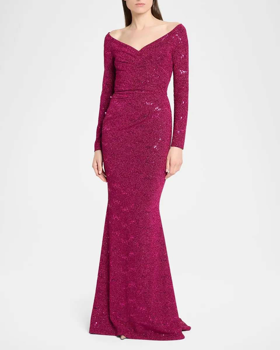 Talbot Runhof Sequined Off-Shoulder Long-Sleeve Gown | Thumbnail 4