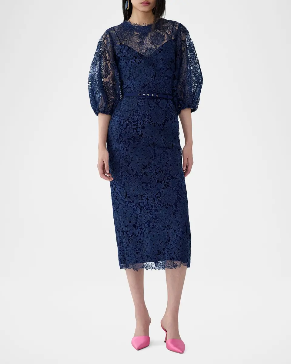 Carolina Herrera Lace Balloon-Sleeve Belted Midi Pencil Dress | Thumbnail 2 Carolina Herrera Lace Balloon-Sleeve Belted Midi Pencil Dress | Thumbnail 2