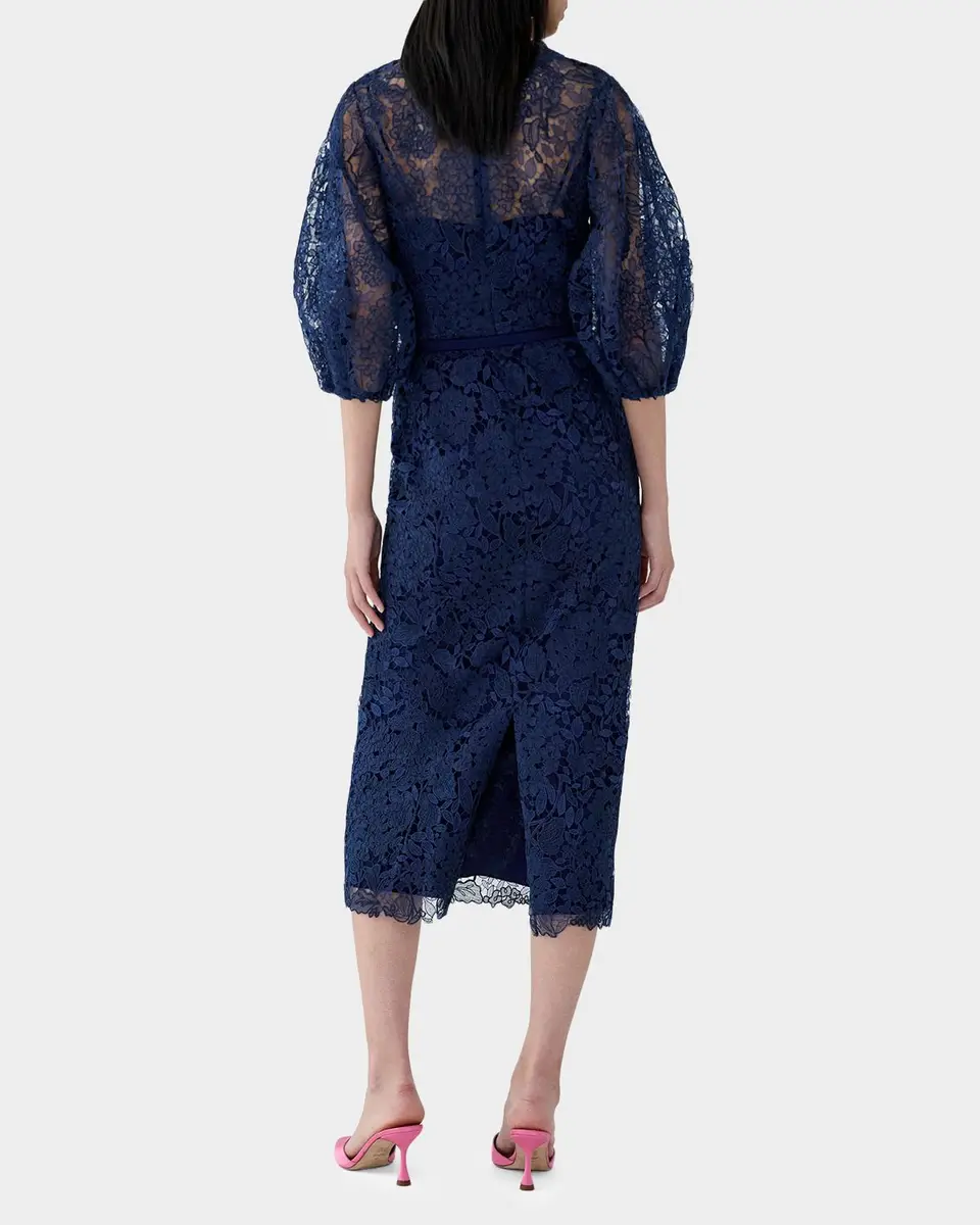 Carolina Herrera Lace Balloon-Sleeve Belted Midi Pencil Dress | Thumbnail 3 Carolina Herrera Lace Balloon-Sleeve Belted Midi Pencil Dress | Thumbnail 3
