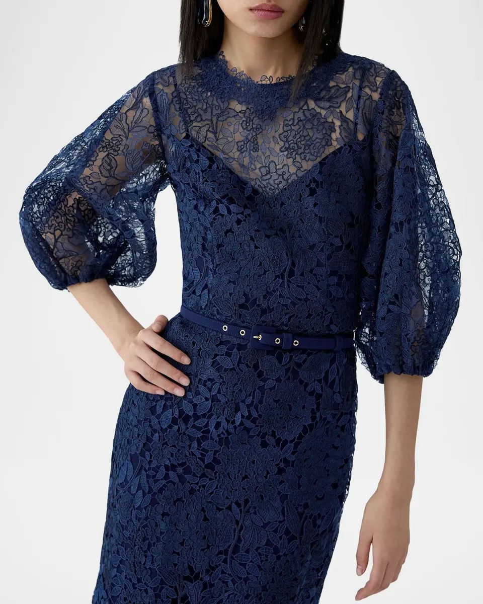 Carolina Herrera Lace Balloon-Sleeve Belted Midi Pencil Dress | Thumbnail 4 Carolina Herrera Lace Balloon-Sleeve Belted Midi Pencil Dress | Thumbnail 4