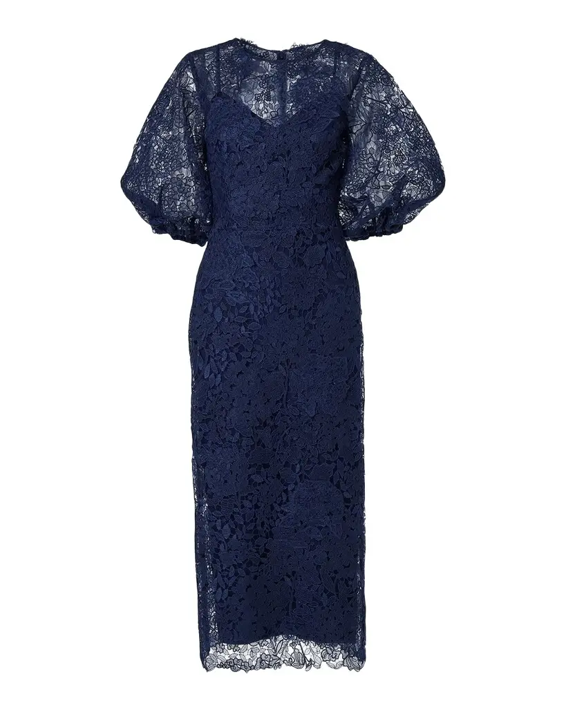 Carolina Herrera Lace Balloon-Sleeve Belted Midi Pencil Dress