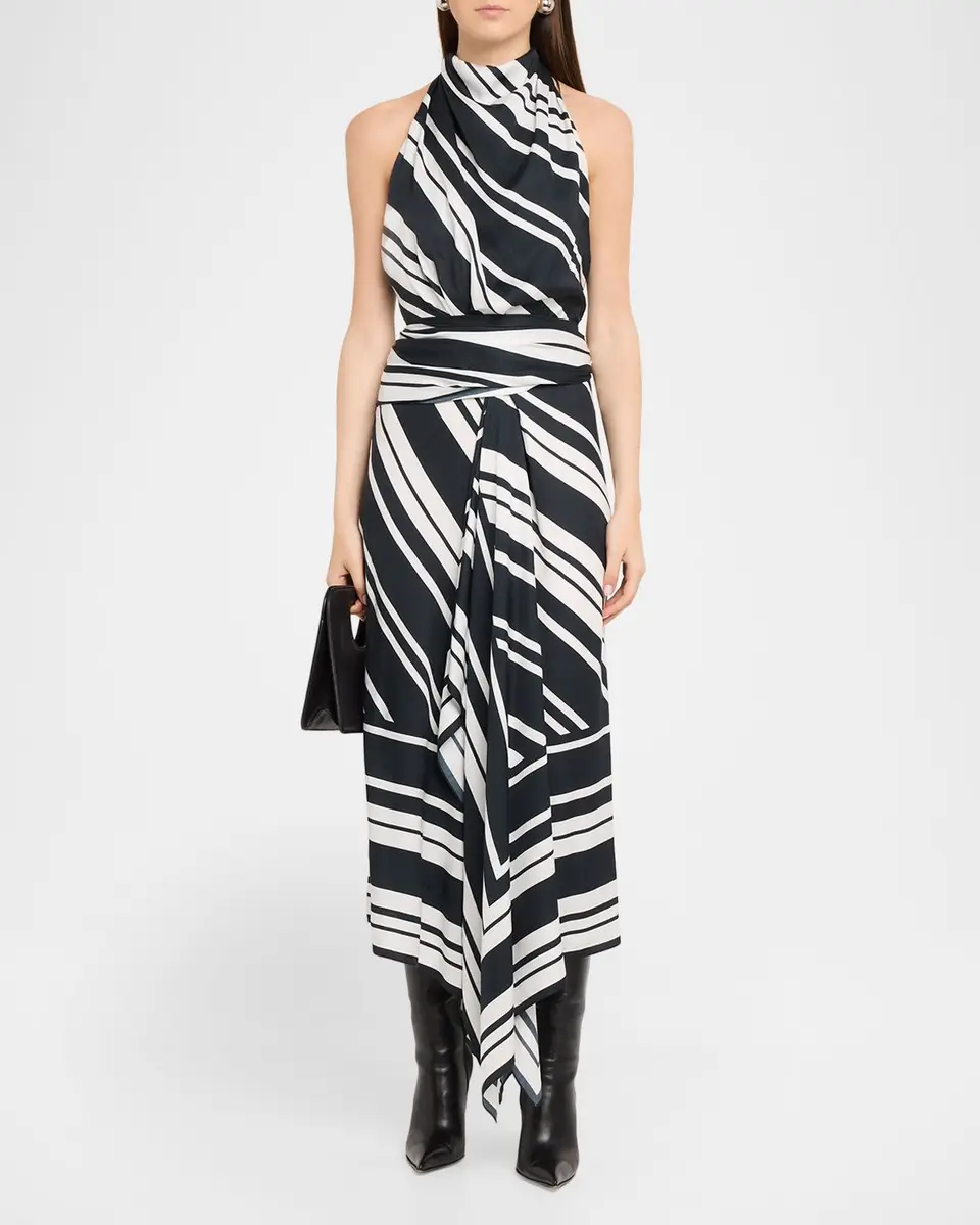 Brandon Maxwell Marin Striped Satin Halter Midi Scarf Dress | Thumbnail 2 Brandon Maxwell Marin Striped Satin Halter Midi Scarf Dress | Thumbnail 2