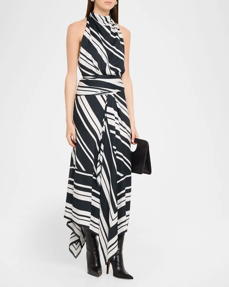 Brandon Maxwell Marin Striped Satin Halter Midi Scarf Dress | Thumbnail 4 Brandon Maxwell Marin Striped Satin Halter Midi Scarf Dress | Thumbnail 4