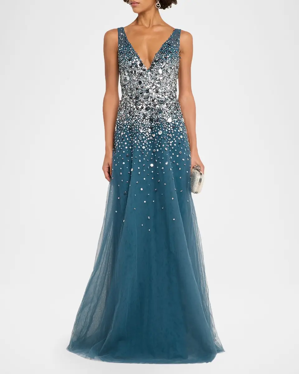 PAMELLA ROLAND Plunging Beaded Tulle A-Line Gown | Thumbnail 2 PAMELLA ROLAND Plunging Beaded Tulle A-Line Gown | Thumbnail 2