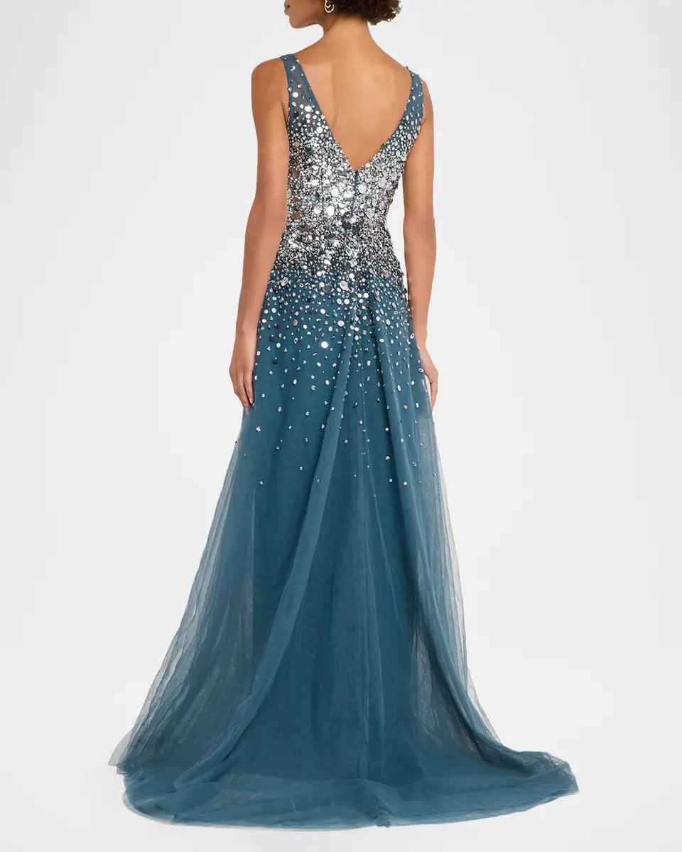 PAMELLA ROLAND Plunging Beaded Tulle A-Line Gown | Thumbnail 3 PAMELLA ROLAND Plunging Beaded Tulle A-Line Gown | Thumbnail 3