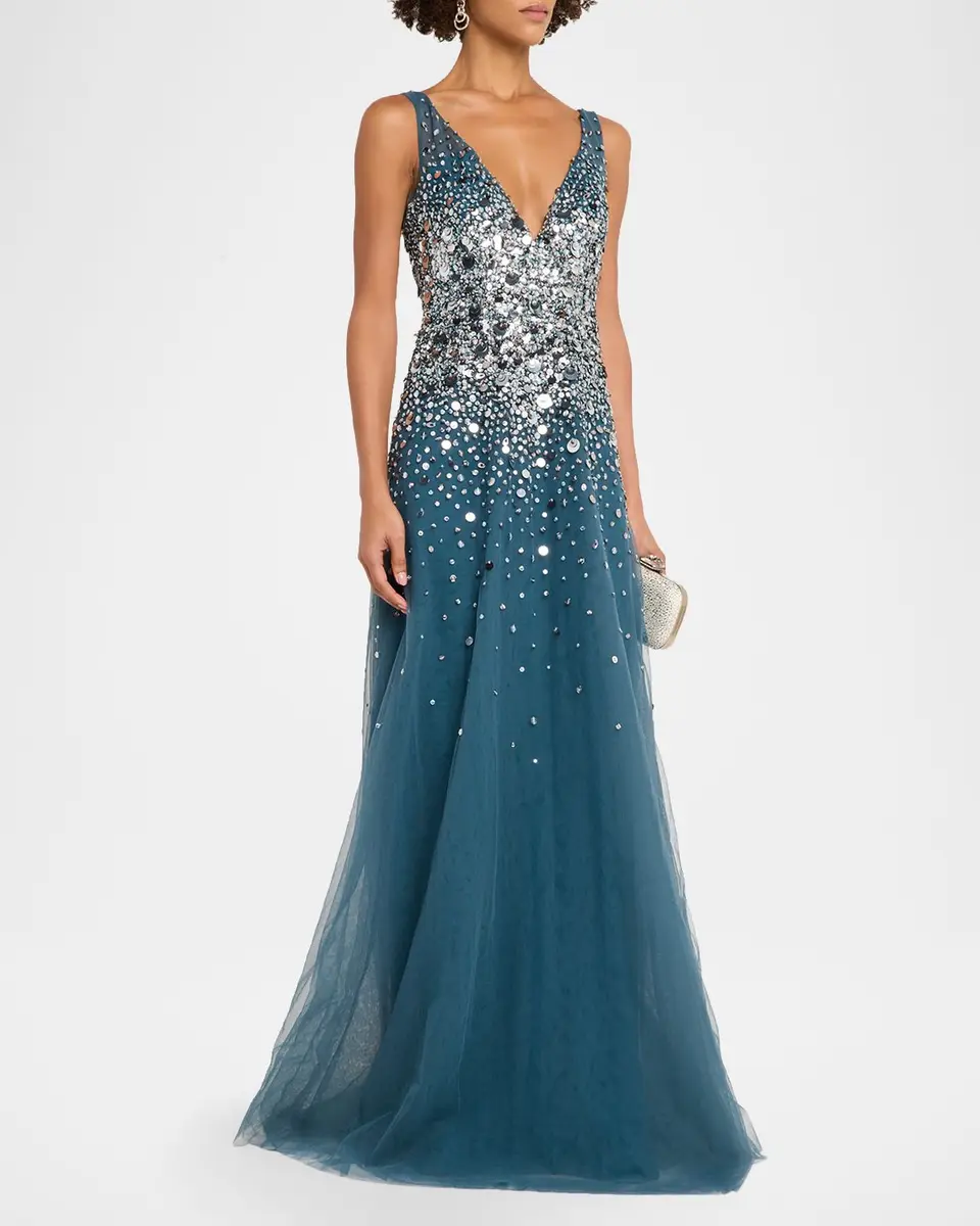 PAMELLA ROLAND Plunging Beaded Tulle A-Line Gown | Thumbnail 4 PAMELLA ROLAND Plunging Beaded Tulle A-Line Gown | Thumbnail 4
