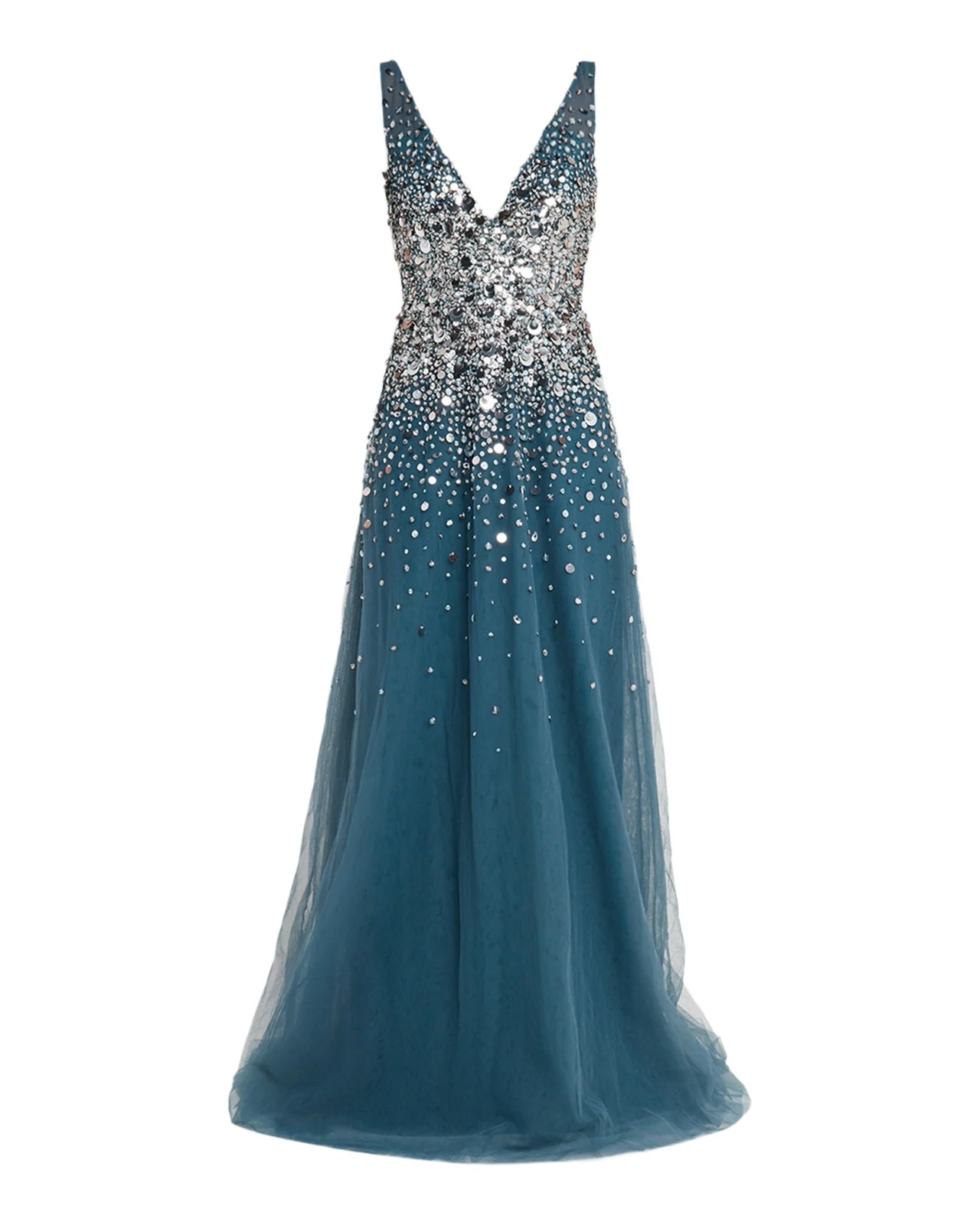 Plunging Beaded Tulle A-Line Gown