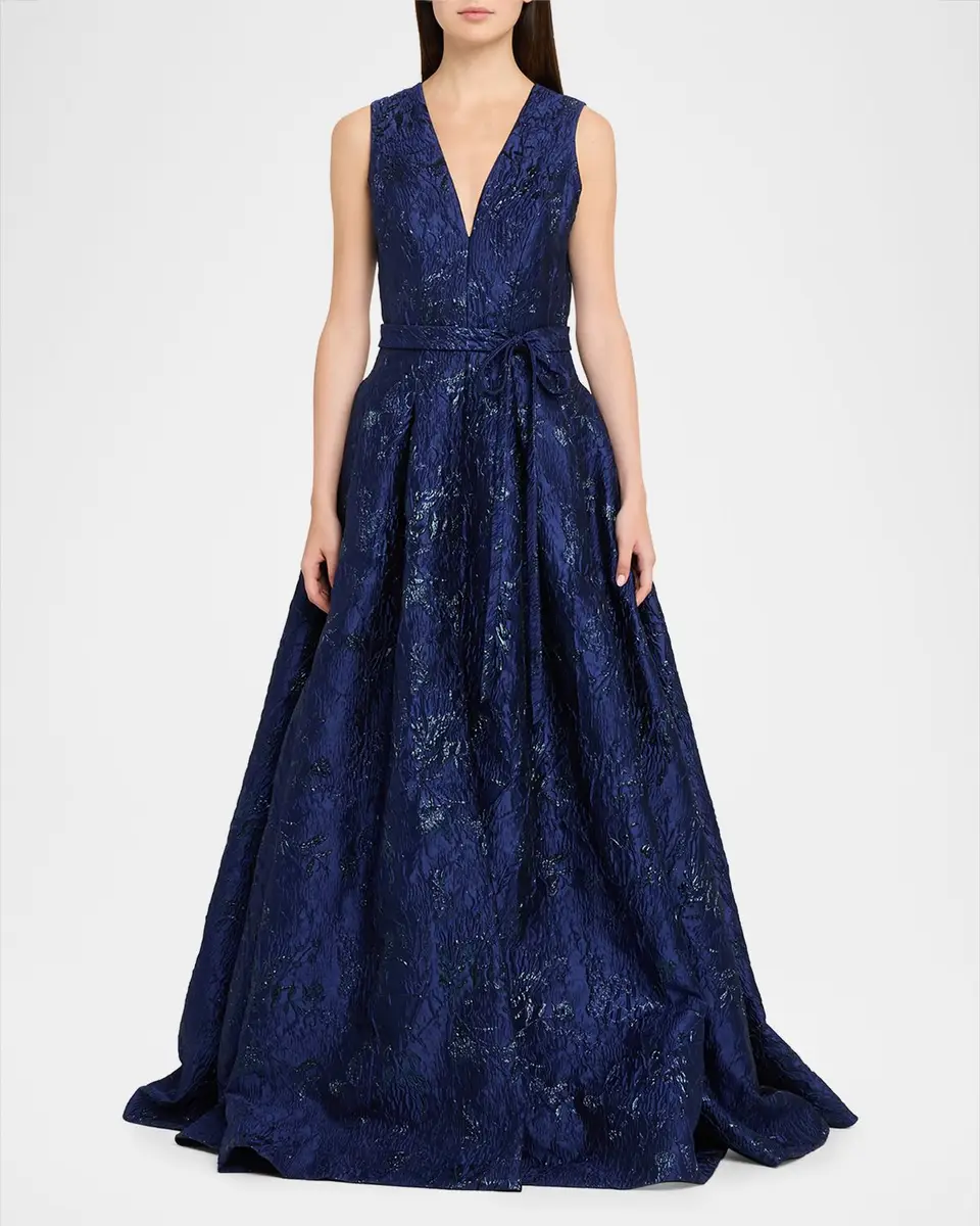 Reem Acra Deep V-Neck Textured Metallic Jacquard Ball Gown | Thumbnail 2