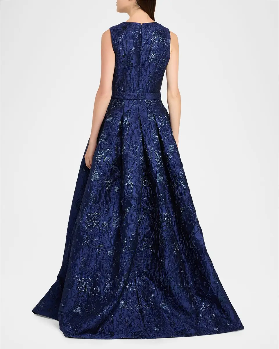 Reem Acra Deep V-Neck Textured Metallic Jacquard Ball Gown | Thumbnail 3