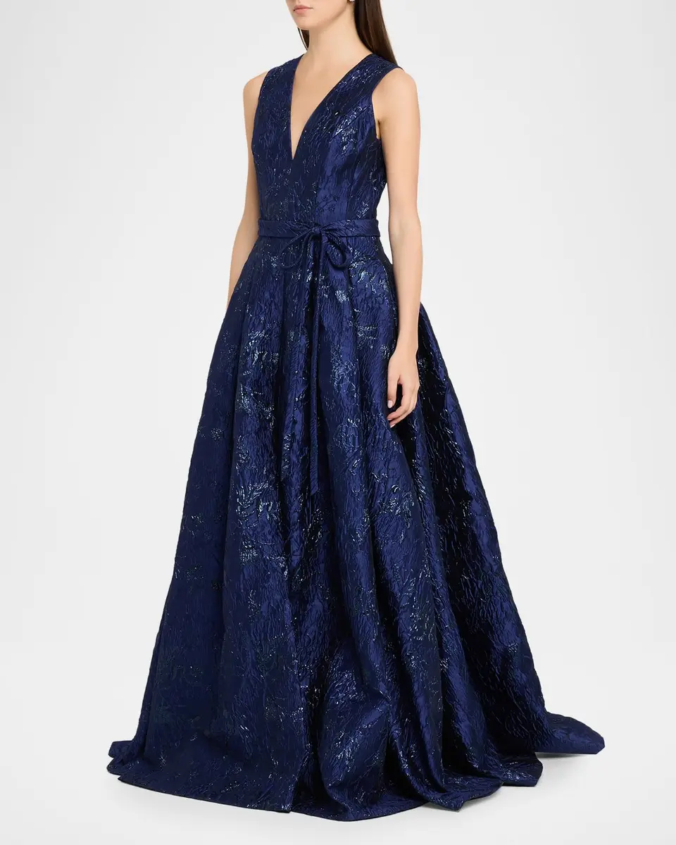 Reem Acra Deep V-Neck Textured Metallic Jacquard Ball Gown | Thumbnail 4
