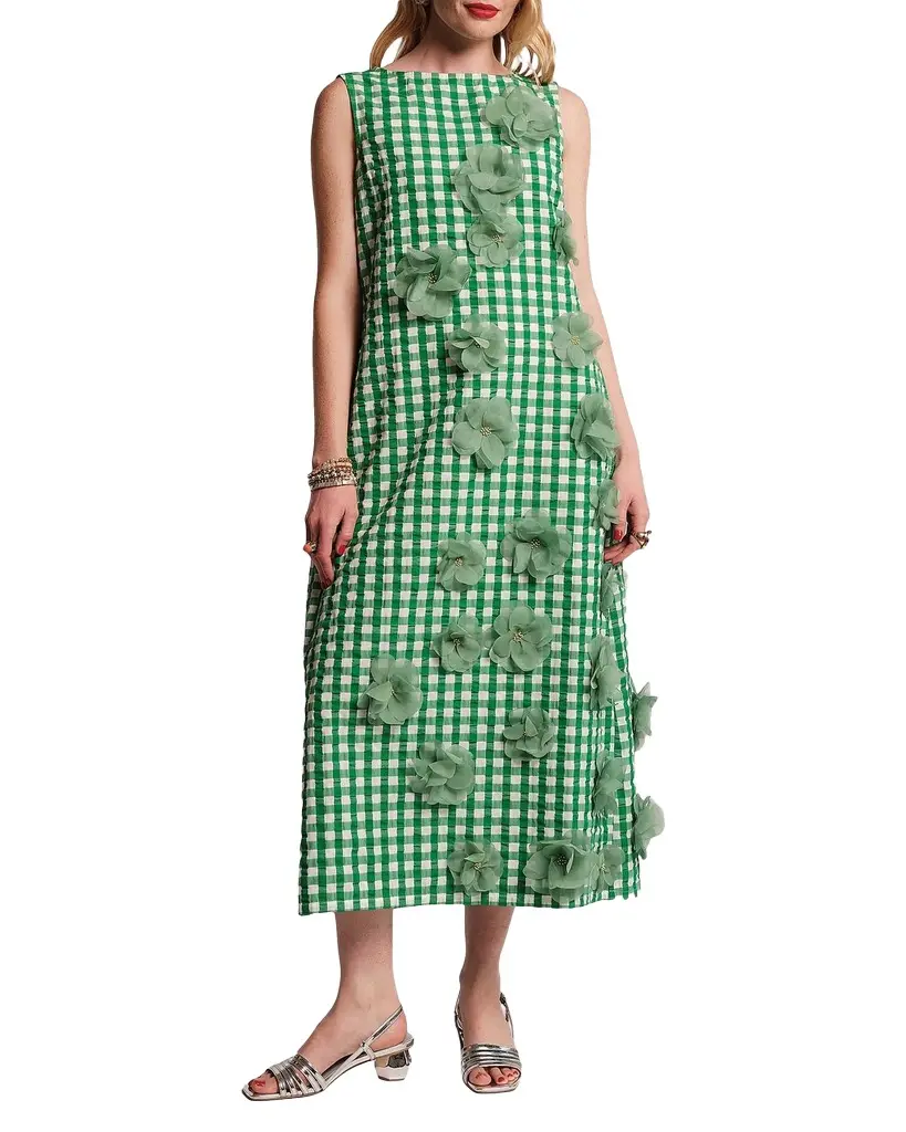 Origami 3D Floral Appliqué Gingham Midi Dress Origami 3D Floral Appliqué Gingham Midi Dress