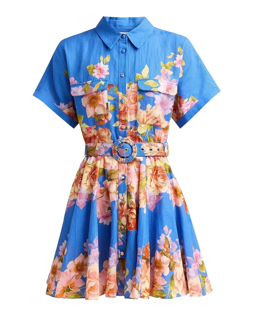 Hemant & Nandita Floral Linen-Cotton Belted Mini Shirtdress | Image 1 Hemant & Nandita Floral Linen-Cotton Belted Mini Shirtdress | Image 1