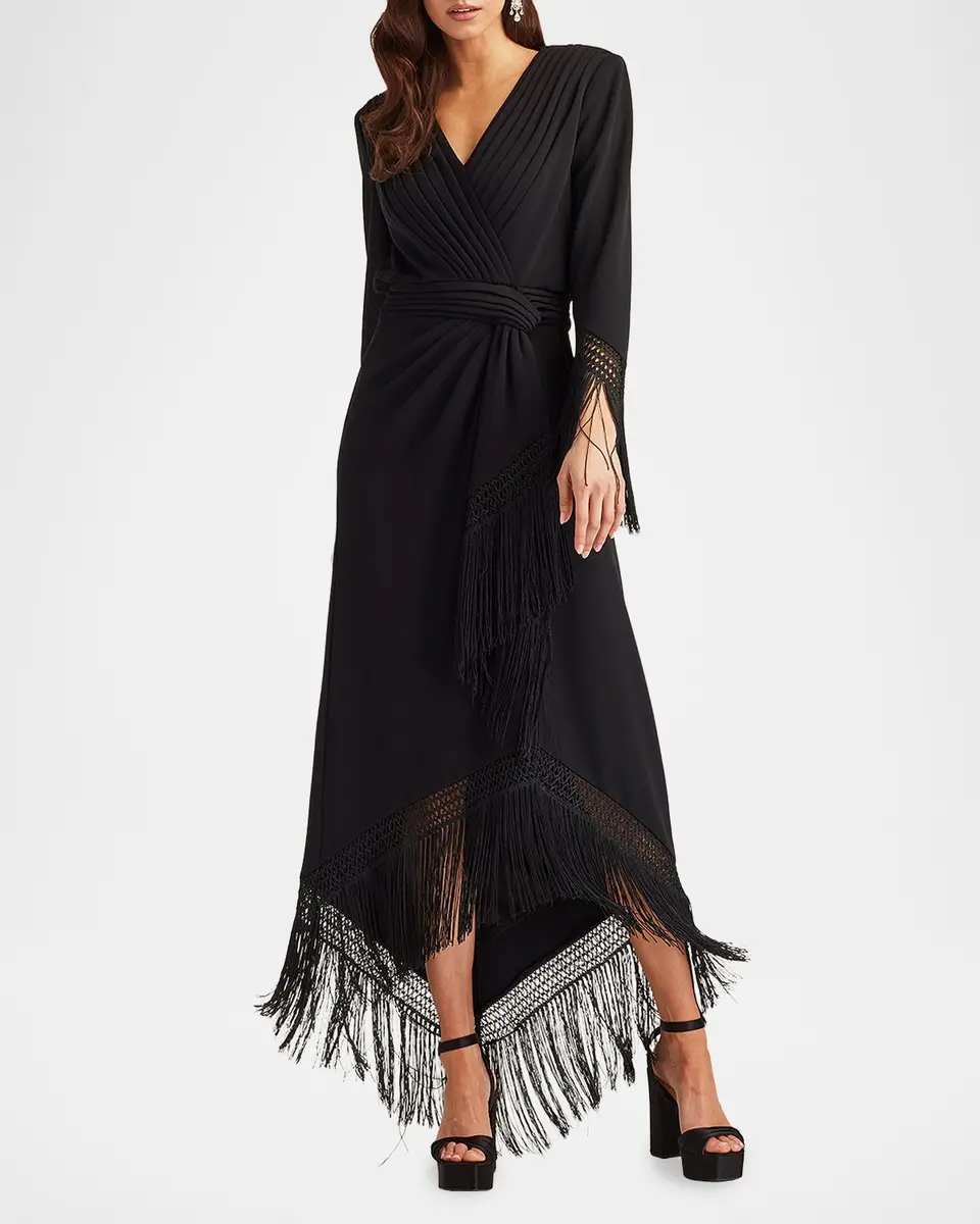 Tadashi Shoji Fringe-Trim Draped Crepe Maxi Dress | Thumbnail 2 Tadashi Shoji Fringe-Trim Draped Crepe Maxi Dress | Thumbnail 2