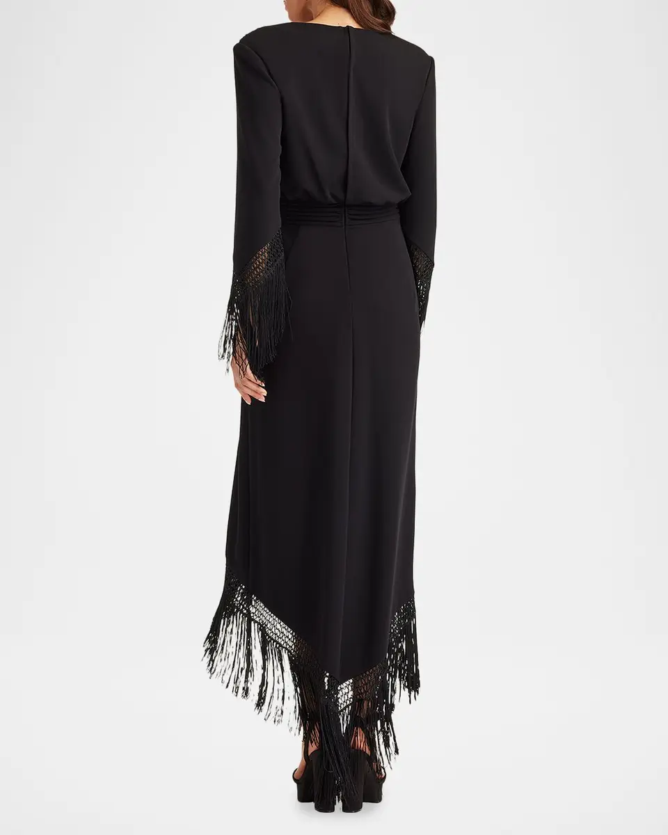 Tadashi Shoji Fringe-Trim Draped Crepe Maxi Dress | Thumbnail 3 Tadashi Shoji Fringe-Trim Draped Crepe Maxi Dress | Thumbnail 3